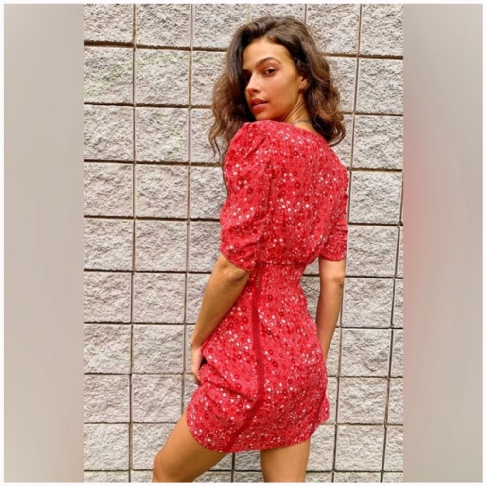 Red Floral Puff-Sleeve Mini Dress